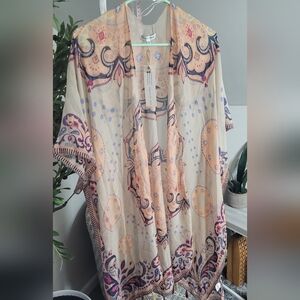 Woven Heart Short sleeve Kimono with Fringe Tassel detail